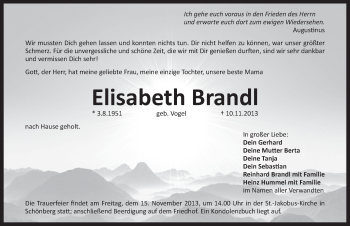 Traueranzeige von Elisabeth Brandl von Pegnitz-Zeitung